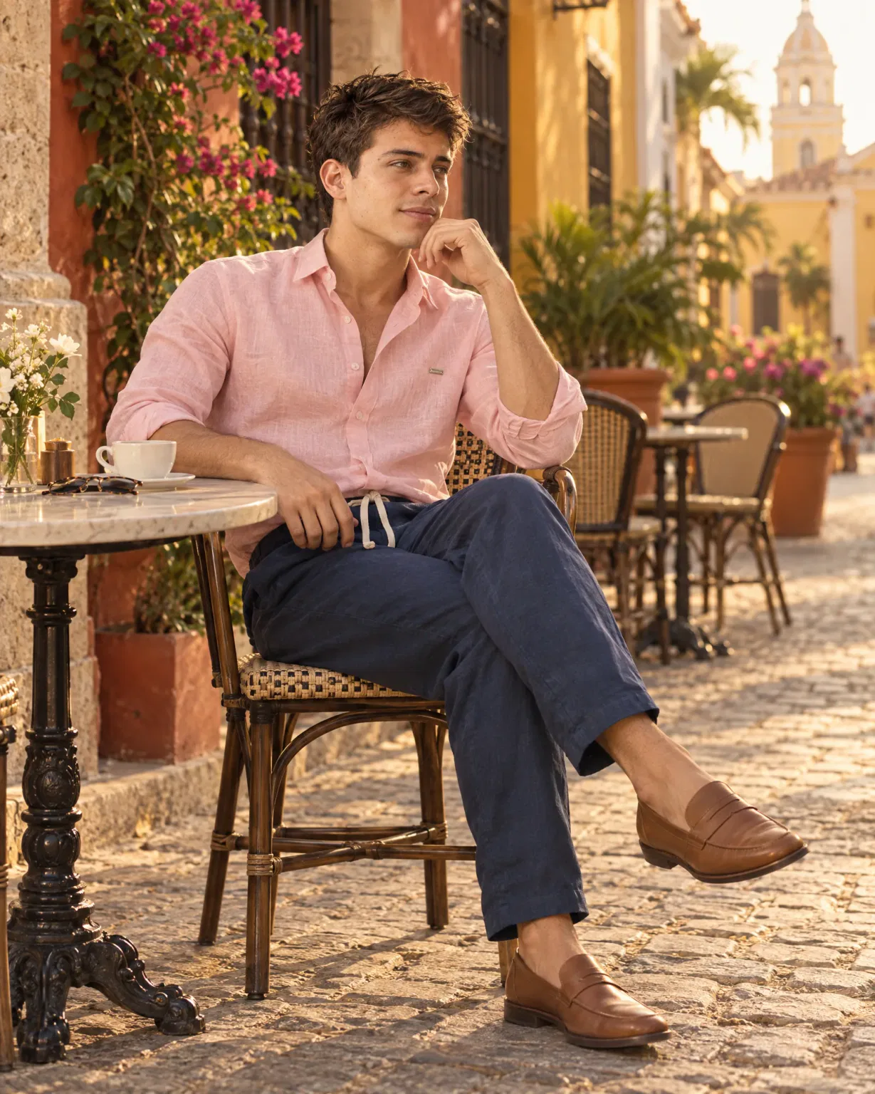 Hombre con camisa 100% lino rosada con pantalón de lino azul oscuro en una plaza de Cartagena