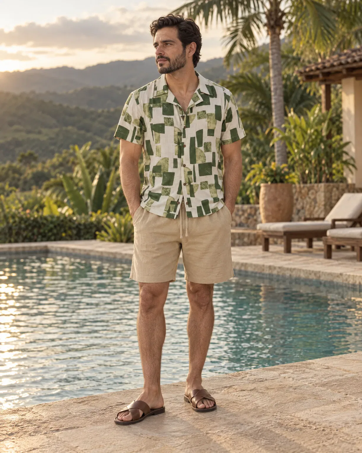 Hombre con camisa duna verde con bermuda de lino beige junto a la piscina de una finca del Huila