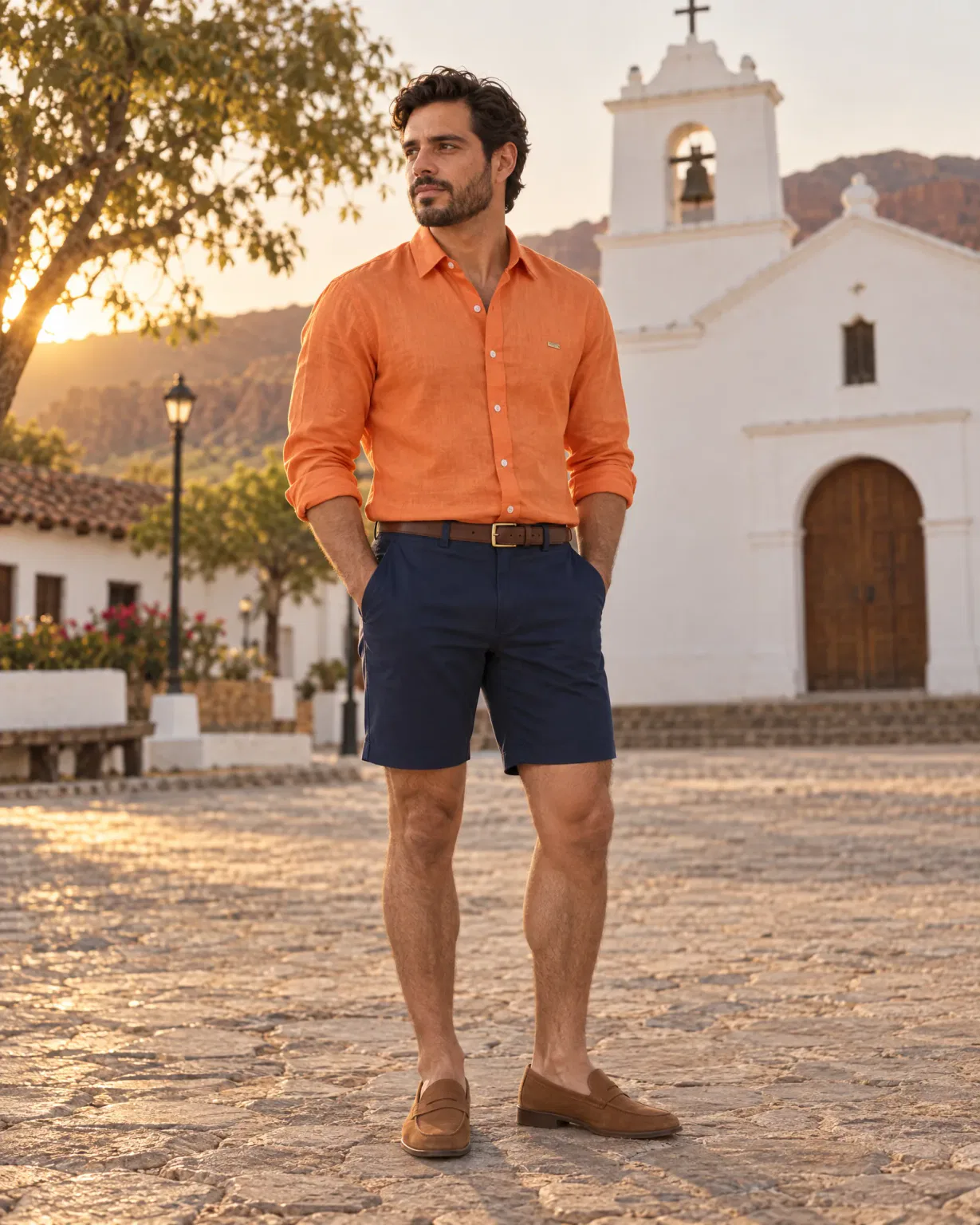 Hombre con bermuda drill azul oscuro con camisa 100% lino mandarina frente a la iglesia de Villavieja, Huila