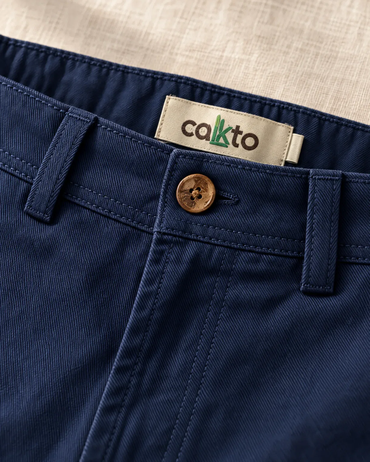 Detalle de la pretina con botón, trabillas y etiqueta Cakto de la bermuda drill azul oscuro