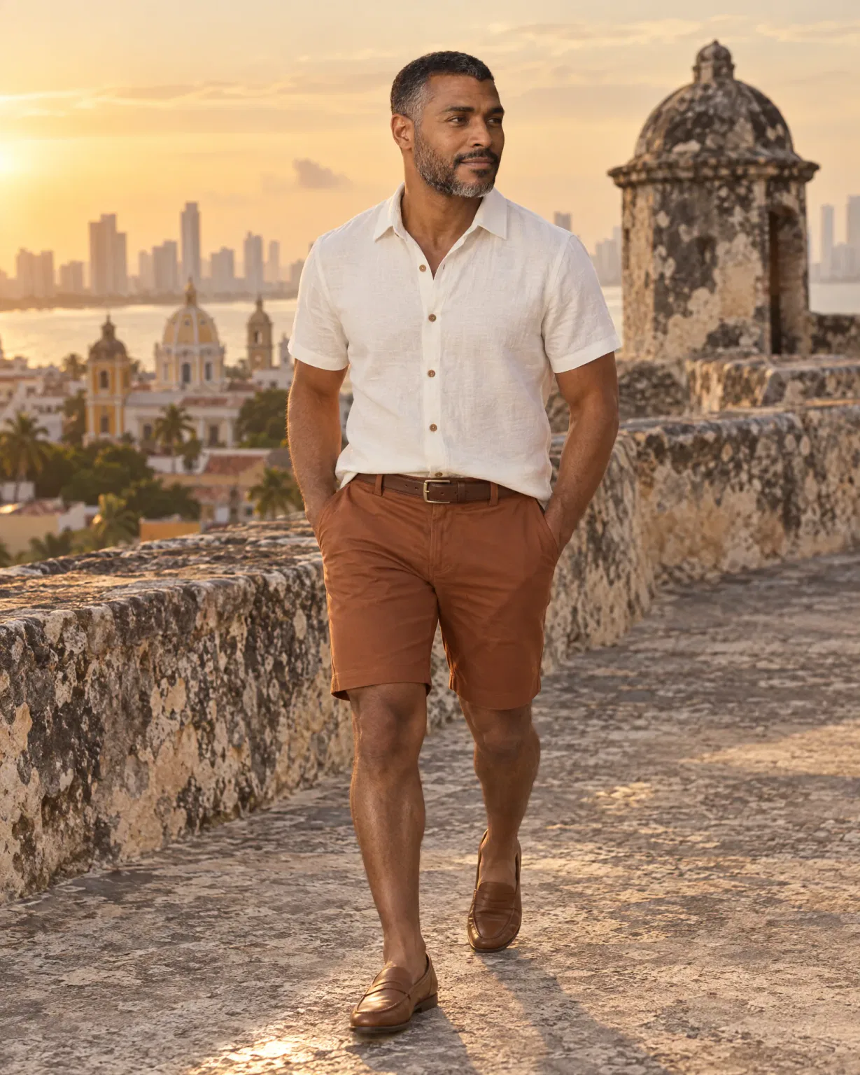 Hombre con bermuda drill café con camisa texturizada blanca en el Castillo de San Felipe, Cartagena