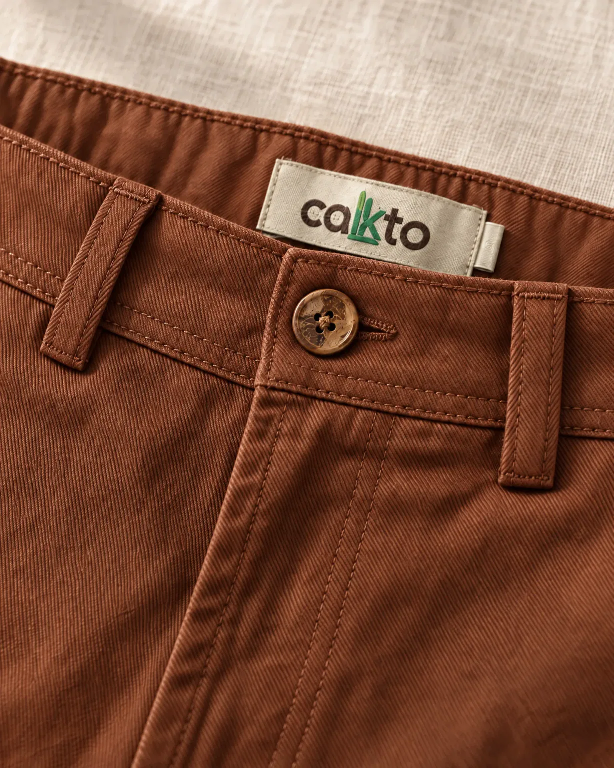 Detalle de la pretina con botón, trabillas y etiqueta Cakto de la bermuda drill café