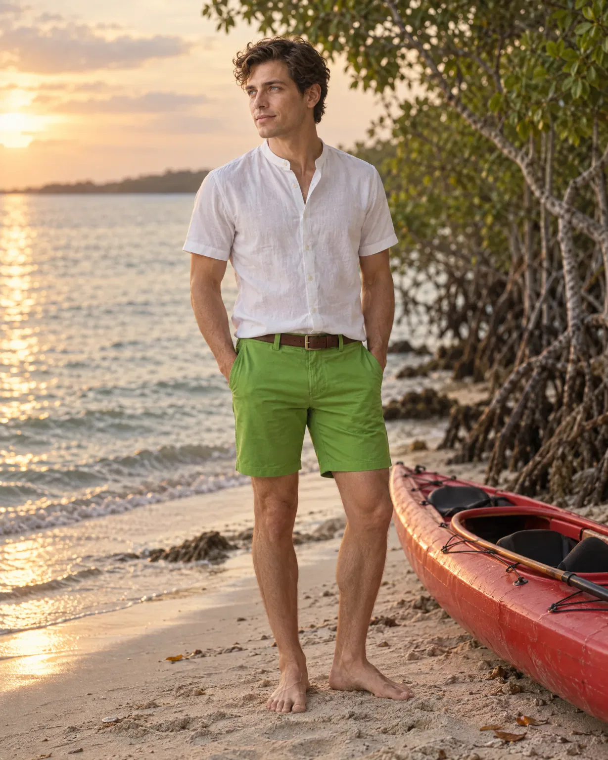 Hombre con bermuda drill verde con camisa cuello neru blanca en una playa de Barú