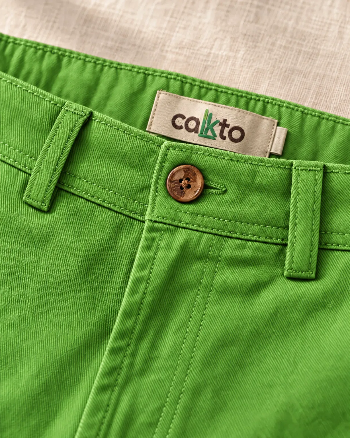 Detalle de la pretina con botón, trabillas y etiqueta Cakto de la bermuda drill verde