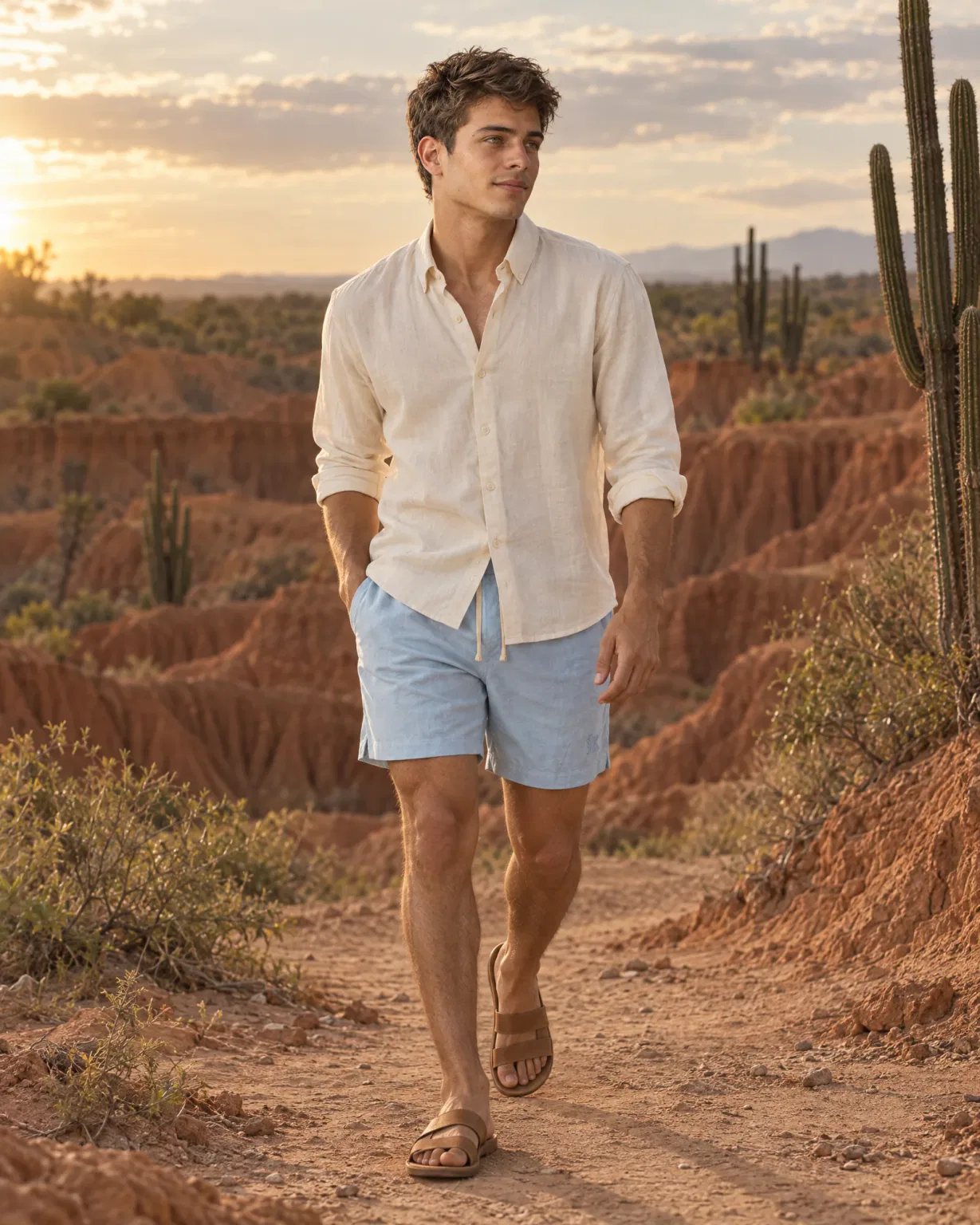 Hombre con bermuda de lino azul claro en el desierto de la Tatacoa