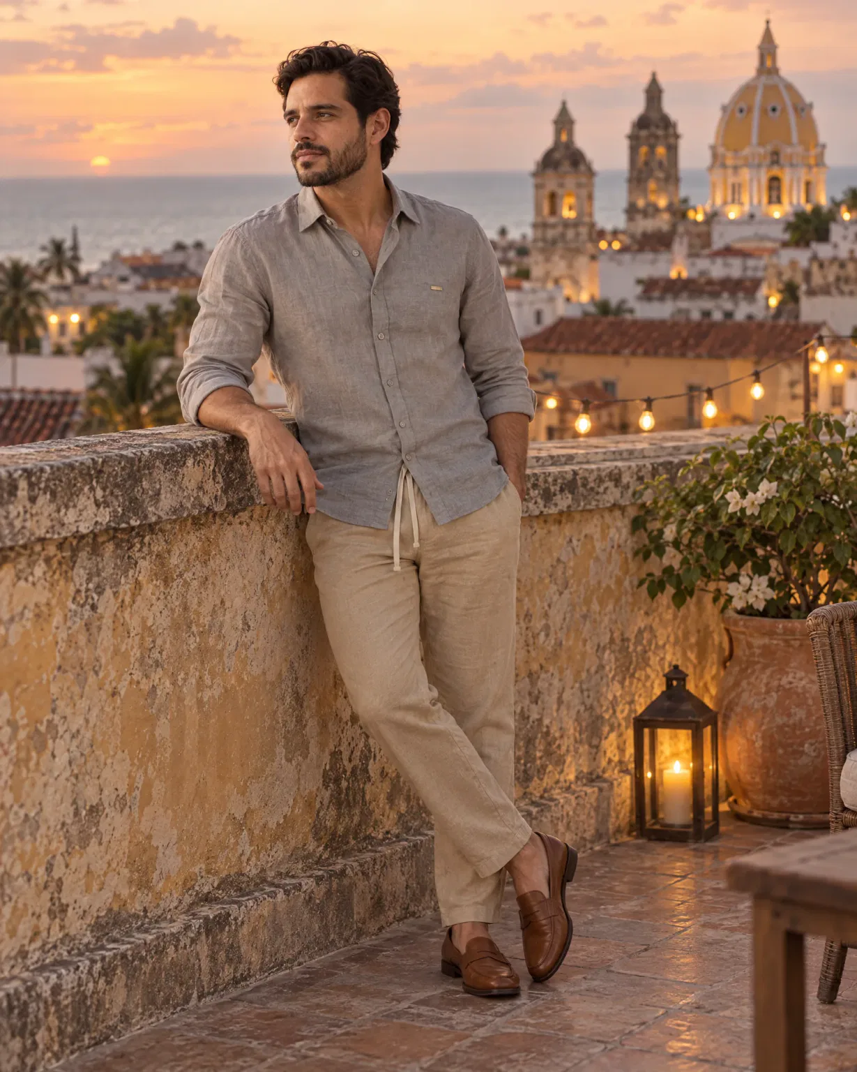 Hombre con camisa 100% lino gris con pantalón de lino beige en una terraza de Cartagena al anochecer