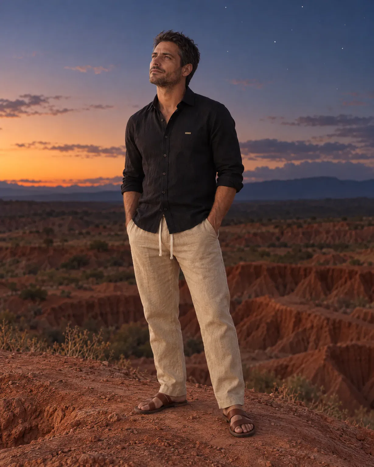 Hombre con camisa 100% lino negra con pantalón de lino beige en el desierto de la Tatacoa al anochecer