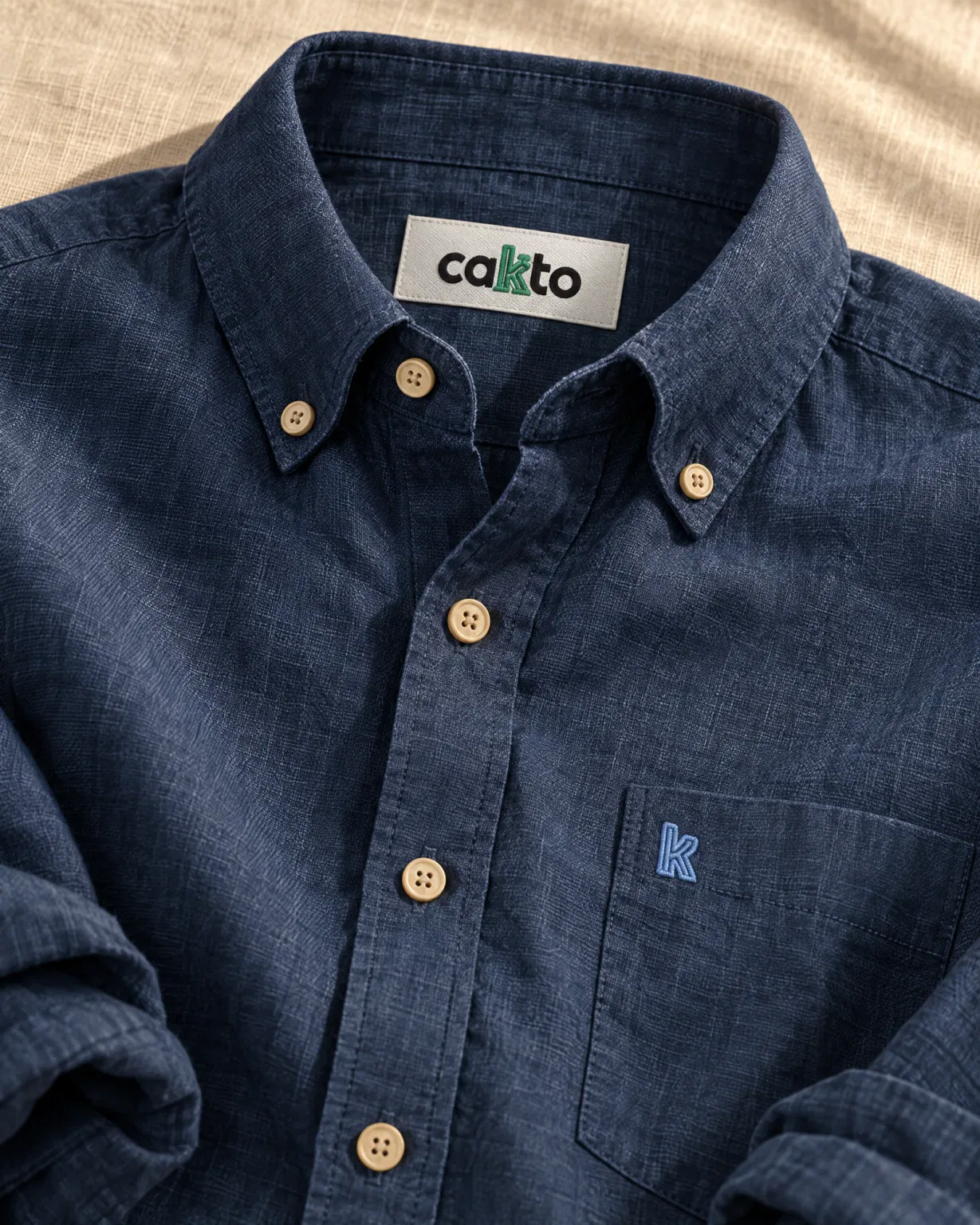 Detalle del cuello, la tela y la etiqueta Cakto de la camisa manga larga azul