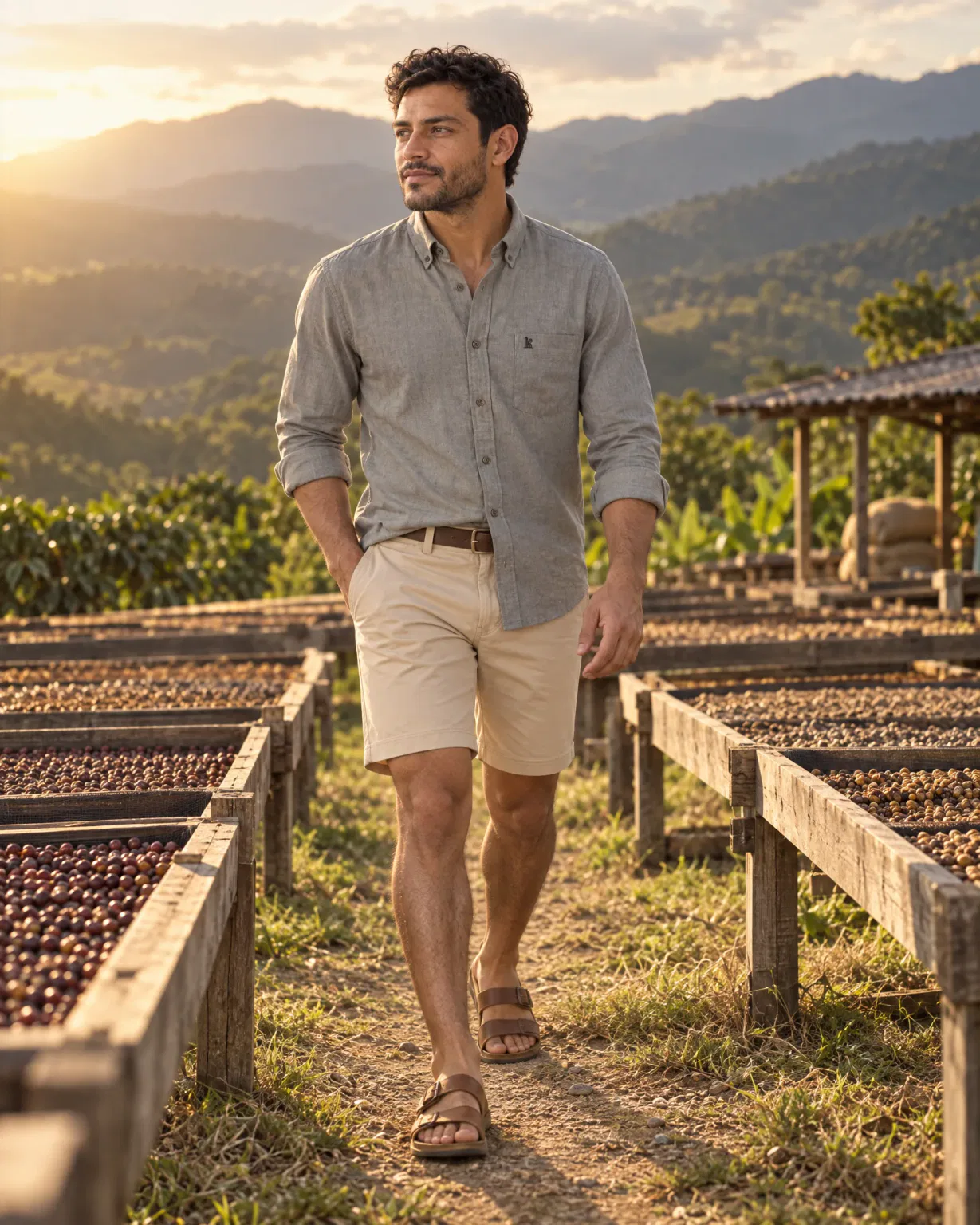 Hombre con camisa manga larga gris con bermuda drill beige en una finca cafetera de Pitalito, Huila