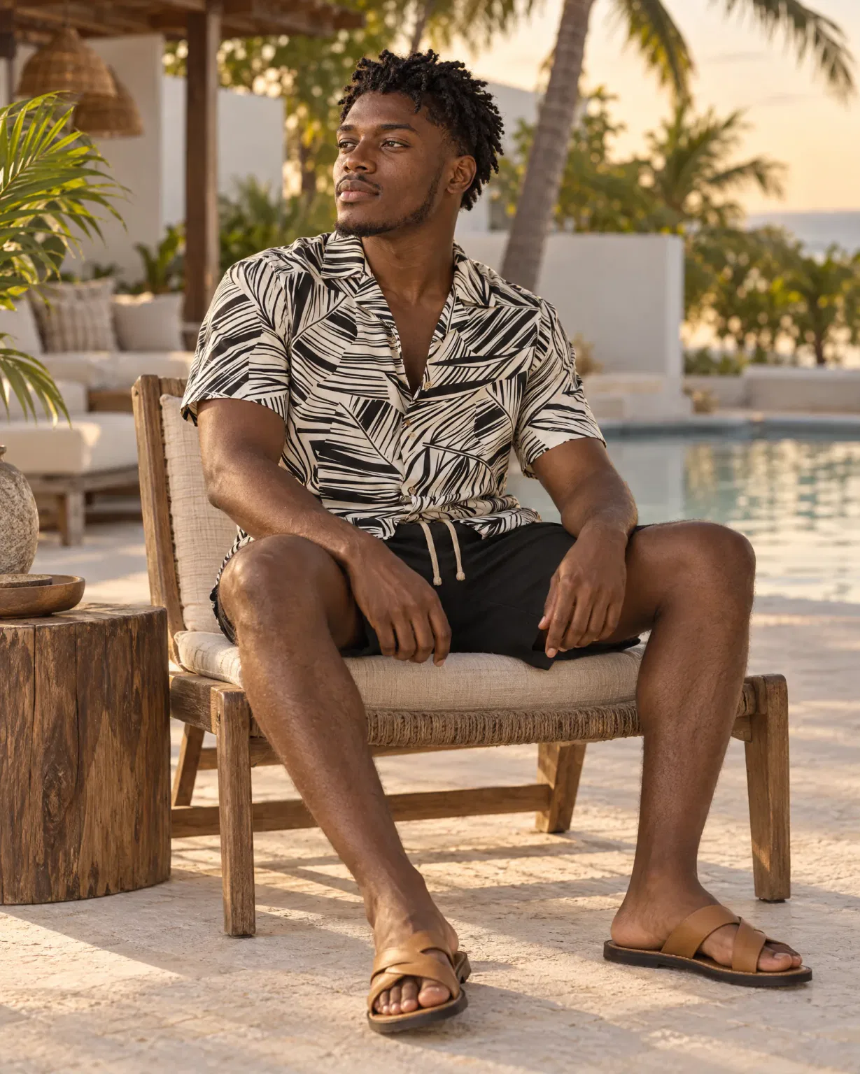 Hombre con camisa palmera con bermuda de lino negra en un hotel de Barú