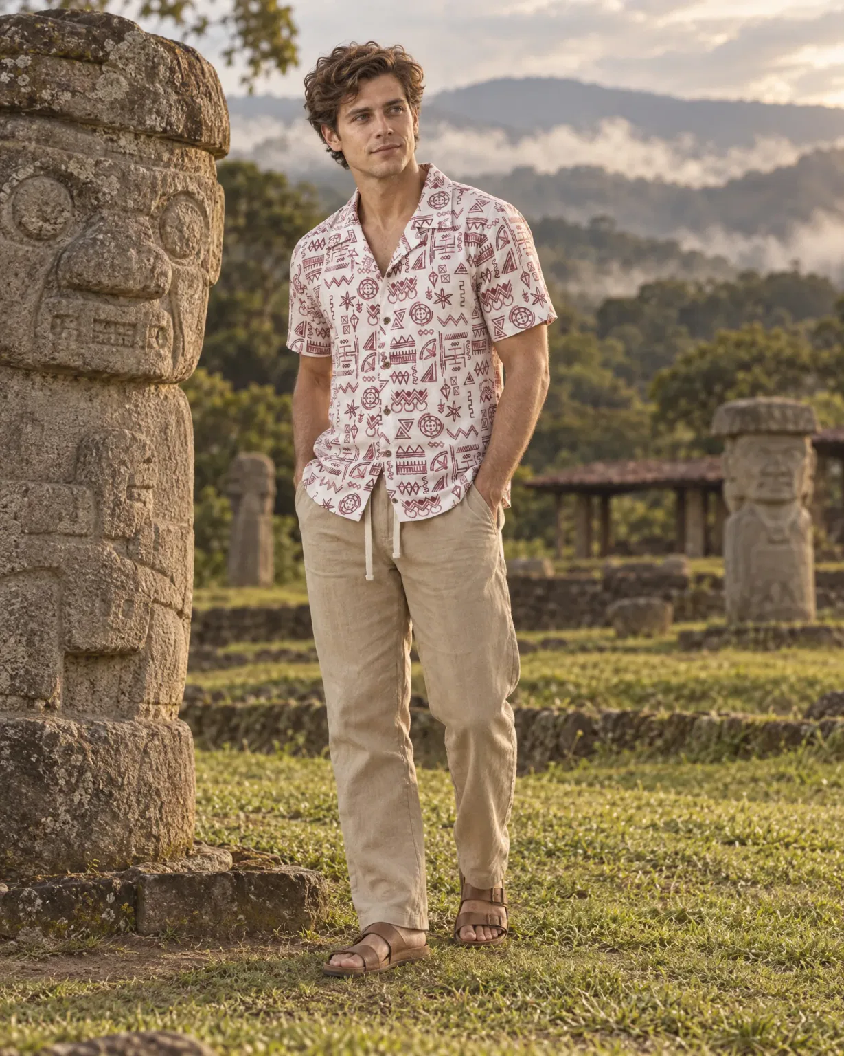Hombre con camisa san agustín con pantalón de lino beige en el Parque Arqueológico de San Agustín