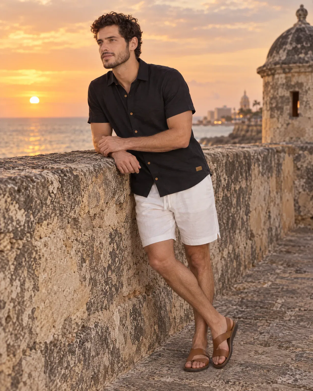 Hombre con camisa texturizada negra en las murallas de Cartagena al atardecer