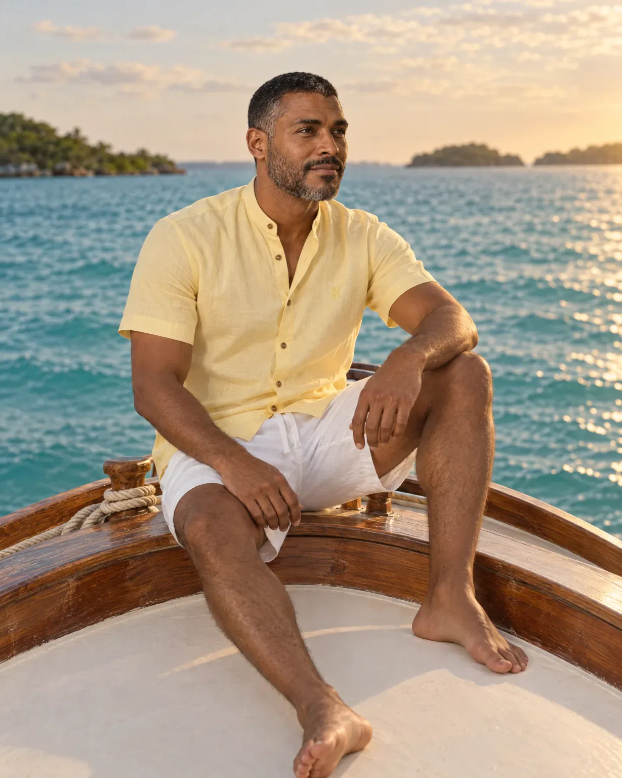 Hombre con camisa cuello neru amarilla con bermuda de lino blanca en una lancha en las Islas del Rosario