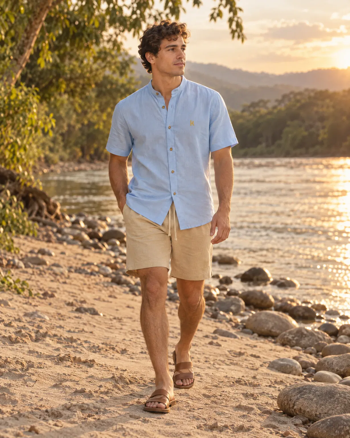 Hombre con camisa cuello neru azul con bermuda de lino beige a orillas del río Magdalena
