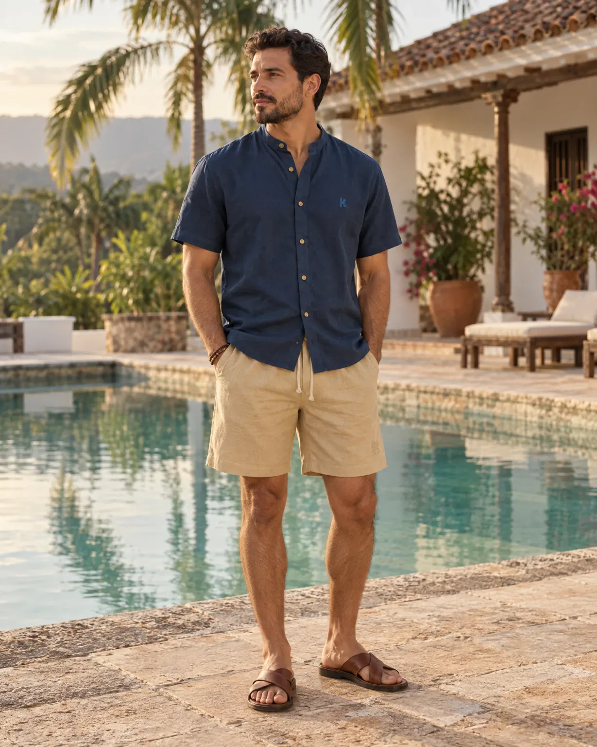 Hombre con camisa cuello neru azul oscuro con bermuda de lino beige junto a la piscina de una hacienda del Huila