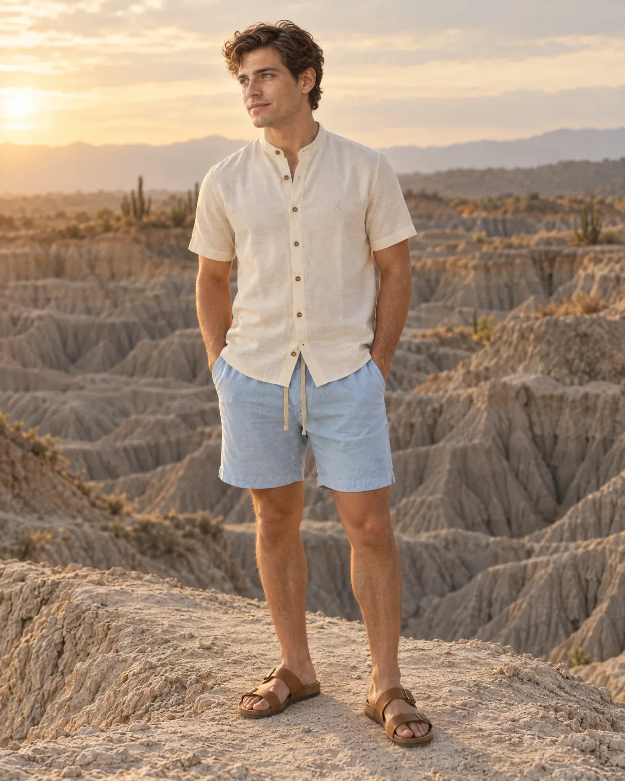 Hombre con camisa cuello neru beige con bermuda de lino azul claro en el desierto de la Tatacoa