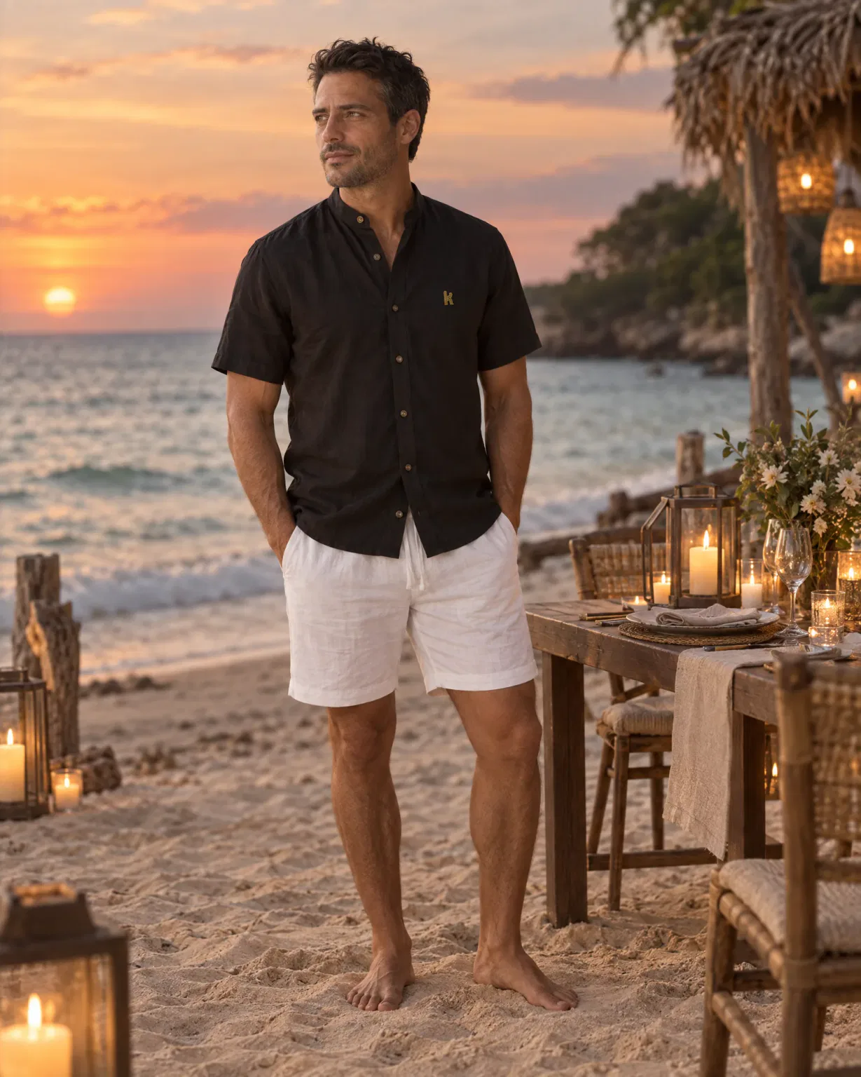 Hombre con camisa cuello neru negra con bermuda de lino blanca en una cena en la playa de Barú