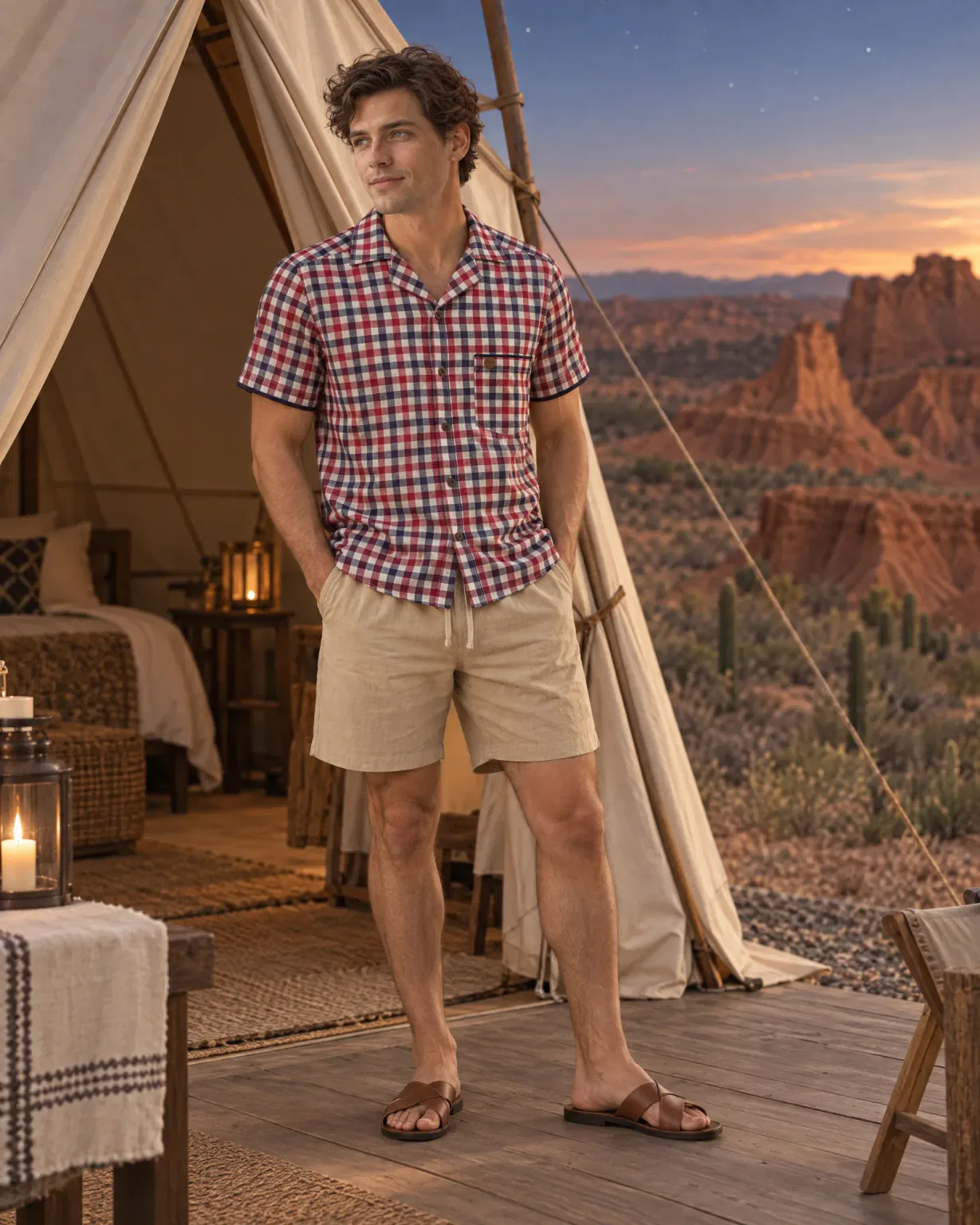 Hombre con camisa leñadora roja con bermuda de lino beige en un glamping en el desierto de la Tatacoa