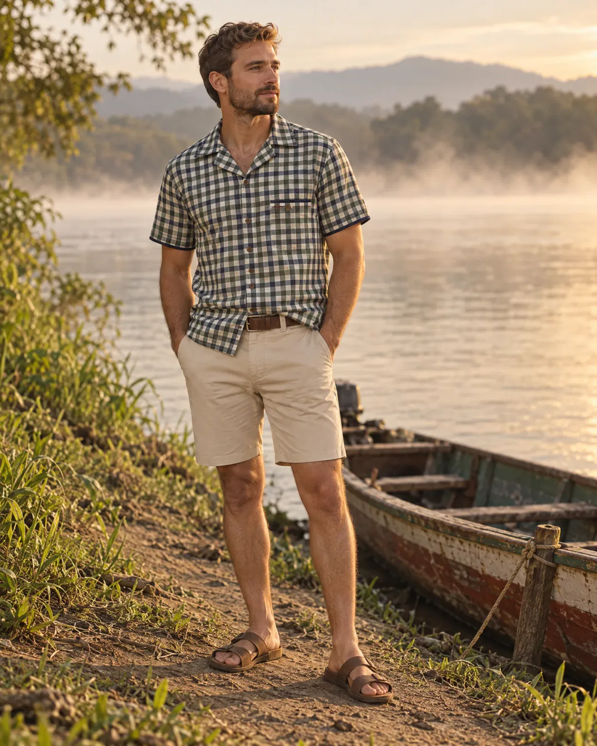 Hombre con camisa leñadora verde con bermuda drill beige a orillas del río Magdalena al amanecer
