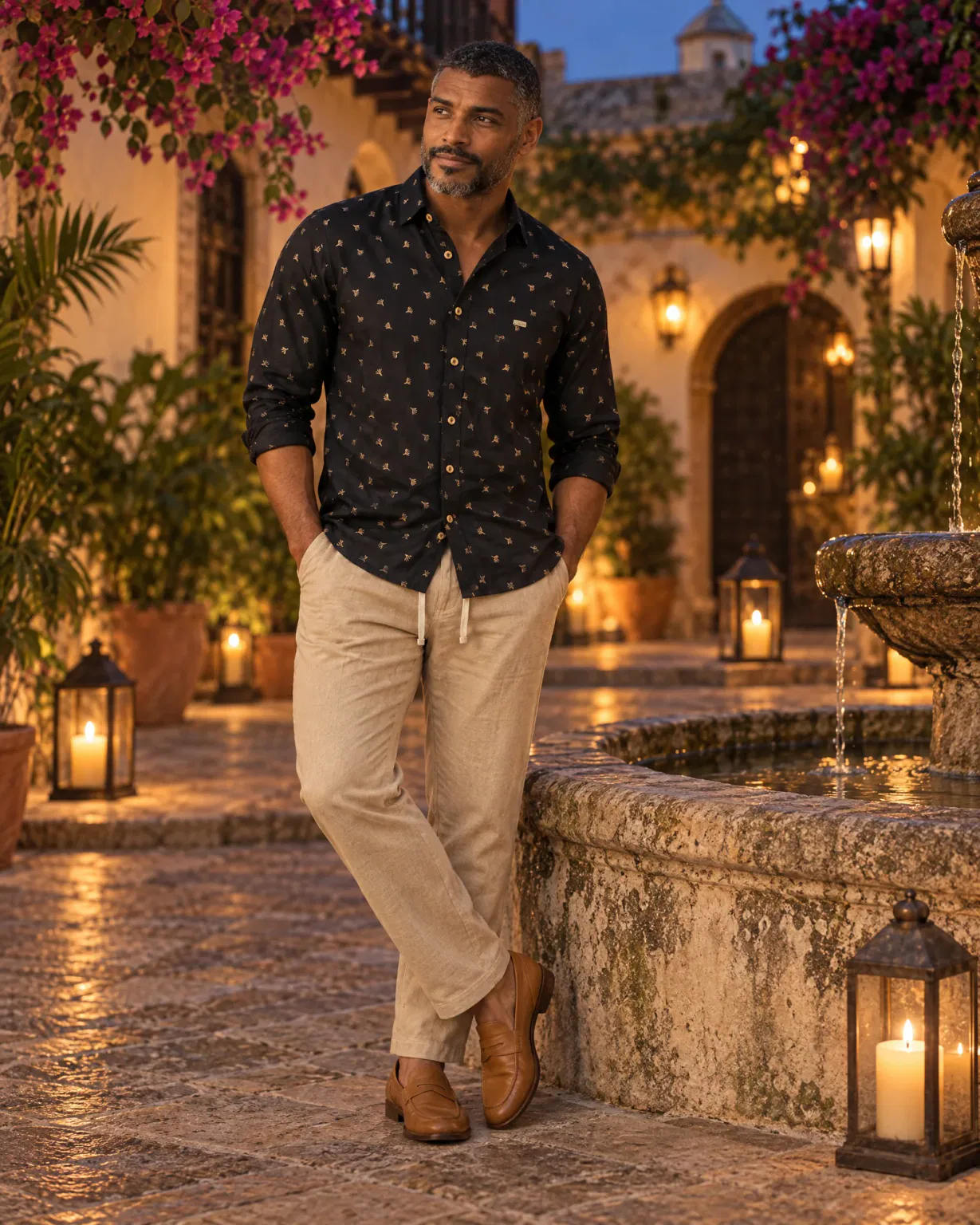Hombre con camisa trigo dorado negra con pantalón de lino beige en un patio colonial de Cartagena con velas