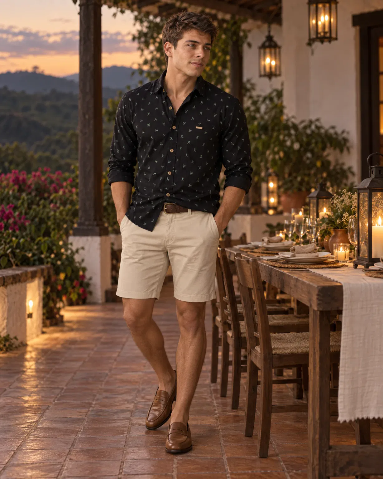 Hombre con camisa trigo verde negra con bermuda drill beige en una cena en una hacienda del Huila