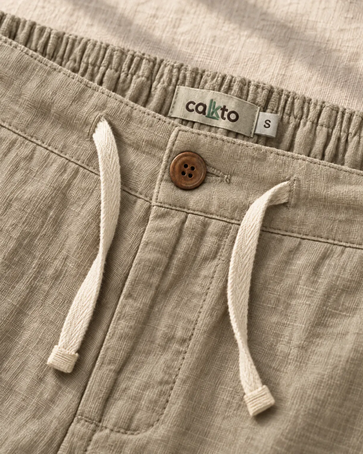 Detalle de la pretina con botón, cordón y marquilla Cakto del pantalón de lino beige
