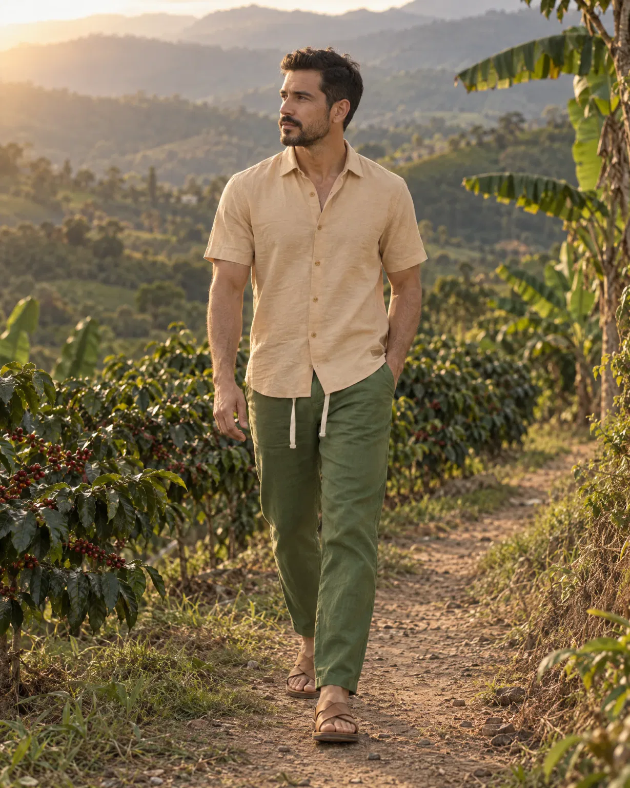 Hombre con pantalón de lino verde con camisa texturizada beige en una finca cafetera del Huila