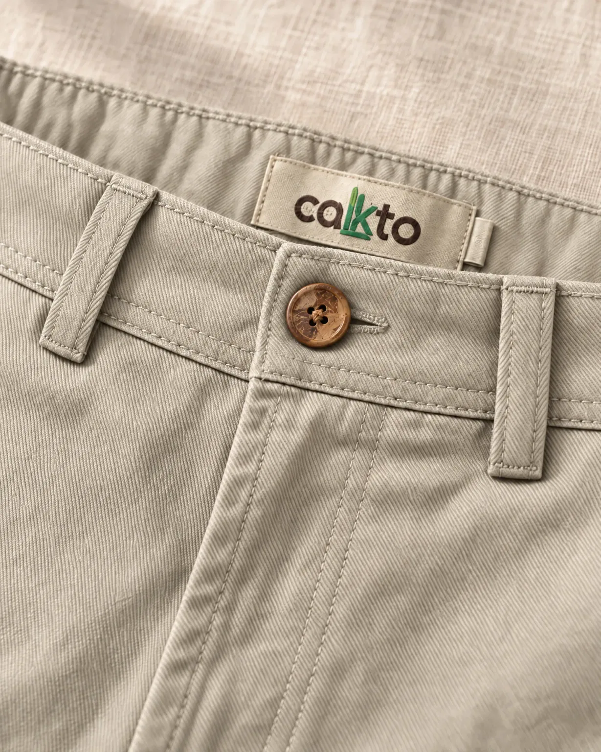 Detalle de la pretina con botón, trabillas y etiqueta Cakto de la bermuda drill beige