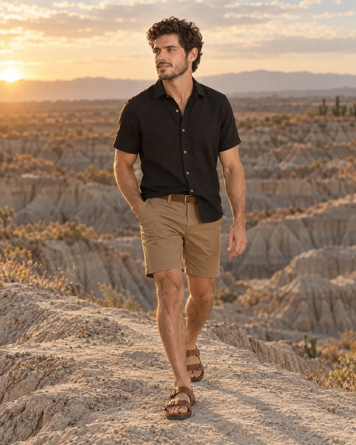 Hombre con bermuda drill caqui con camisa texturizada negra en el desierto de la Tatacoa