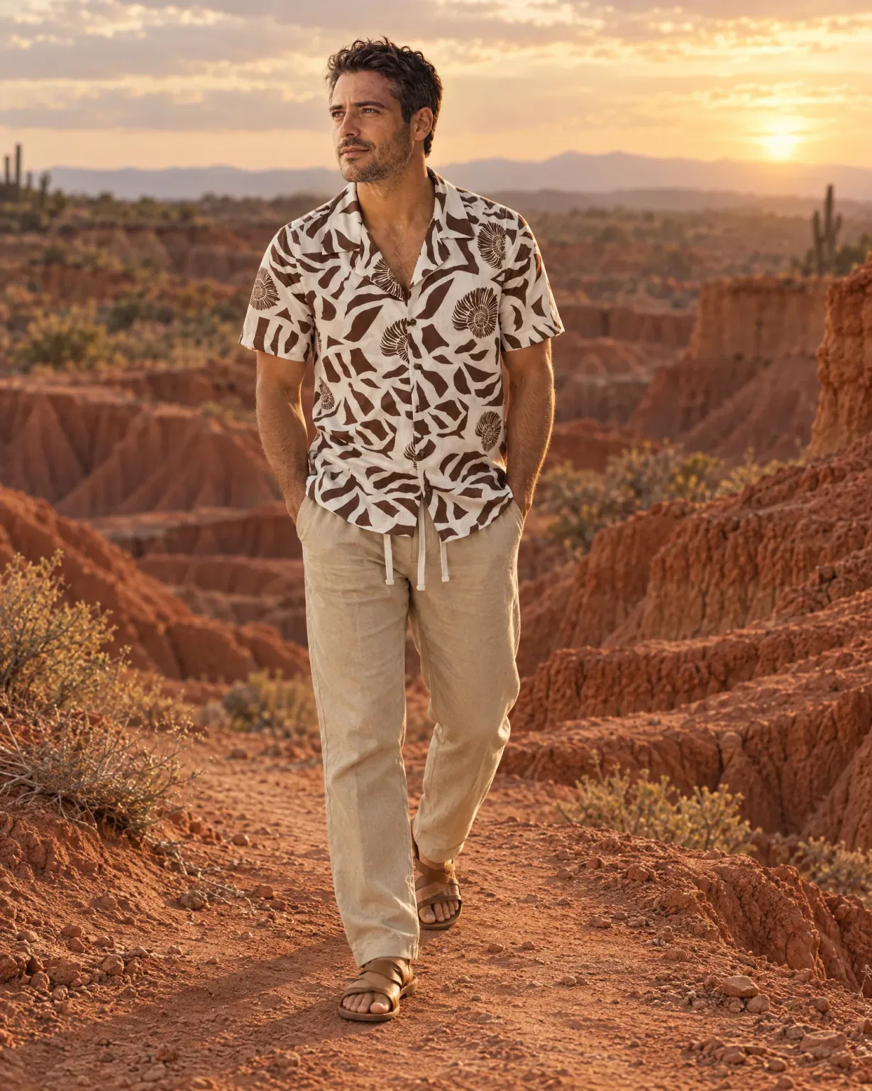 Hombre con camisa caracol café con pantalón de lino beige en el desierto de la Tatacoa