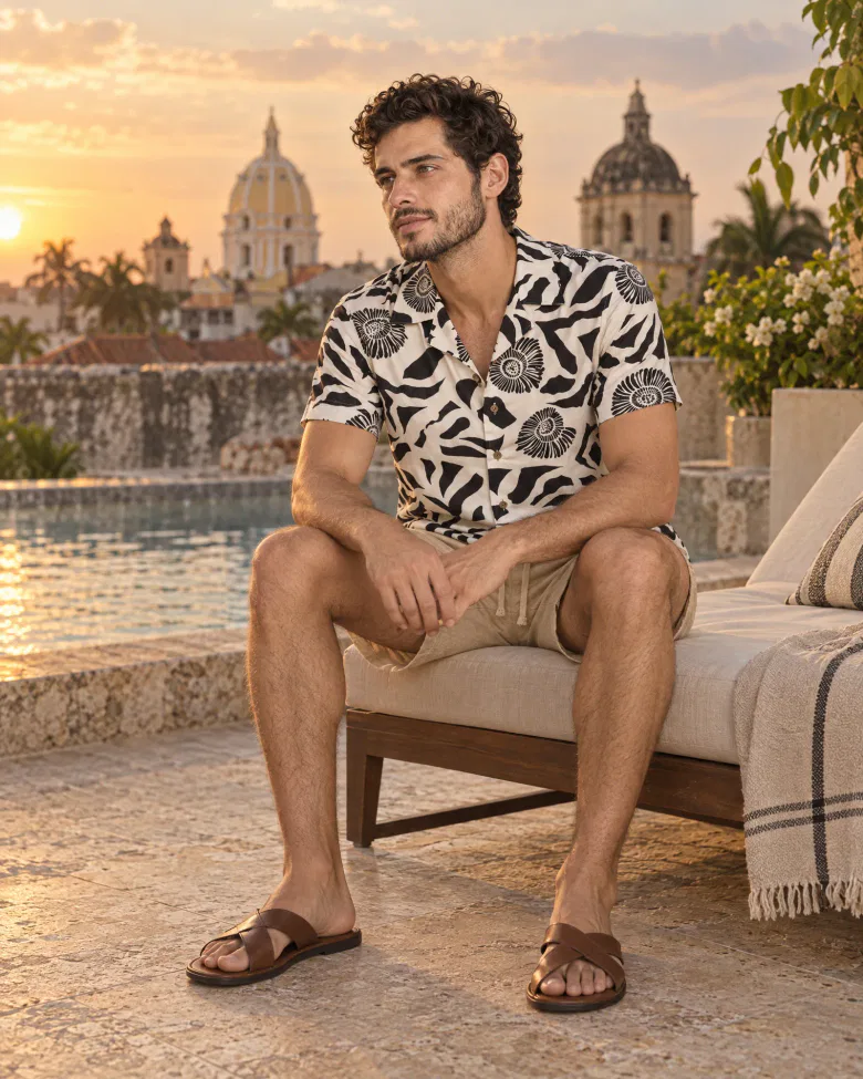 Hombre con camisa caracol negra con bermuda de lino beige en una terraza con piscina en Cartagena